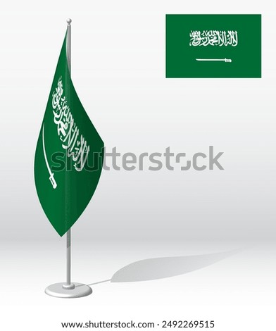 Saudi Arabia flag on flagpole for registration of solemn event, meeting foreign guests. National independence day of Saudi Arabia. Realistic 3D vector on white