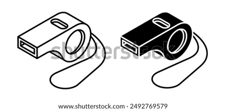 Linear icon, Isometric sports whistle of referee icon of sport match judge. Simple black and white vector isolated on white background