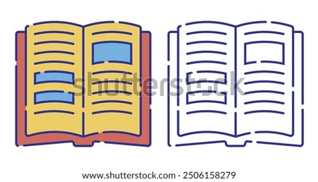 Thin line stroked color icon. Open book. Education at school, knowledge acquisition in library. Simple vector isolated on white background