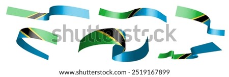 Set of holiday ribbons. Tanzania flag waving in wind. Separation into lower and upper layers. Design element. Vector on white background