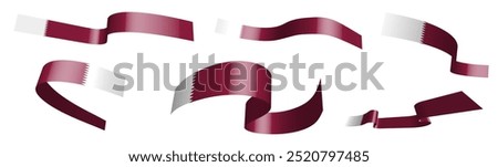 Set of holiday ribbons. Qatar flag waving in wind. Separation into lower and upper layers. Design element. Vector on white background