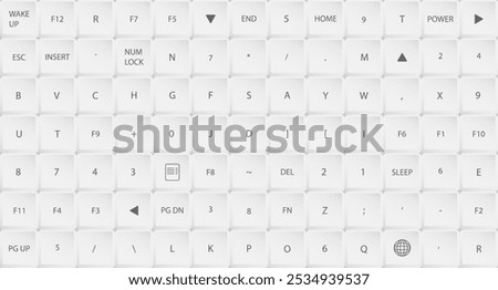 Rectangular white computer keyboard buttons with chaotically mixed symbols and letters. Gray horizontal copy space for design of web pages and interface. Vector background