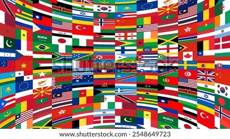 Curved 3D screen broadcasting international flags. Worldwide news broadcast screensaver. Horizontal vector banner