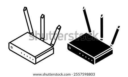 Linear icon, isometric wireless WiFi router device for  communication signal in apartment and office network. Simple black and white top view vector isolated on white background