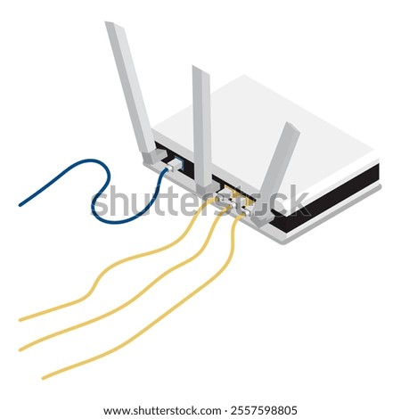 Isometric wireless WiFi router device with wires connected to connectors back view. 3D vector isolated on white background top view at an angle