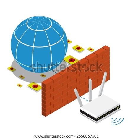 Isometric wireless WiFi router device protected by software firewall. Global network telecommunications security. 3D vector isolated on white background top view at an angle