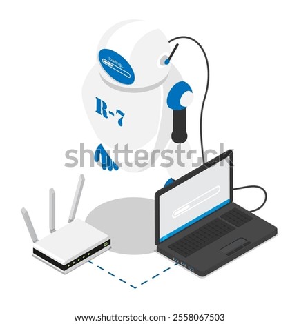 Robot app firmware intelligence update. Programming task list for advanced next generation robot model. Isolated isometric 3D vector isolated on white background