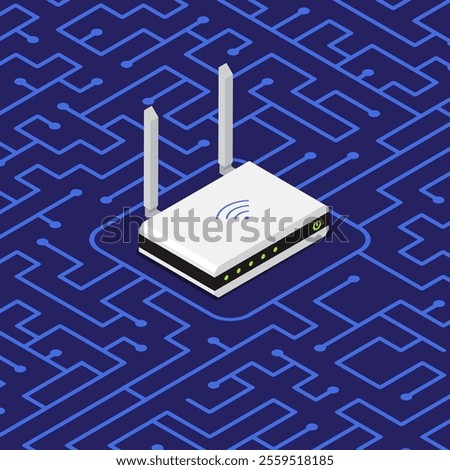 Isometric wireless WiFi router device in center of motherboard with labyrinth of contact tracks. Transmission of signal in network. 3D vector isolated on blue background top view at an angle