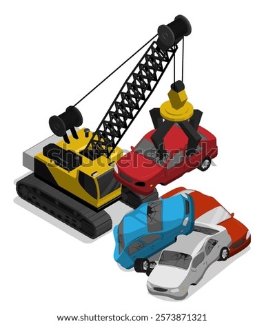 Isometric junkyard crane loader stacks wrecked cars in pile at car dump. Preparation of unnecessary auto junk for recycling. Aerial view 3D vector isolated on white background