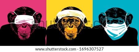 Three wise monkeys with medical face masks. Аllegory ignore problem and danger. Infection, Covid-19 ストックフォト © 