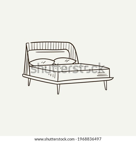 Bed. Home decor line art drawing. Doodle illustration. Stay home. Minimal vintage style. Doodle plant vector illustration. Pure nature organic brush. Line drawing.