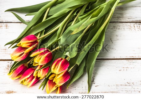 Tulips bunch on a wooden planks background for mothers day, wedding invitation, greetings card and invitation cards