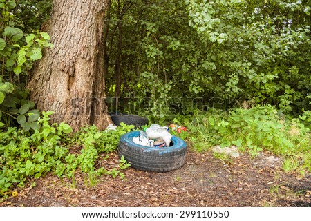LUBOWIDZ, POLAND - JULY 19, 2015: Trash in the forest close to the Lubowidzkie lake near Lebork. In Poland a lot of people have no ecologic education and respect for the environment.