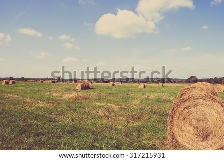 Beautiful rural landscape showing straw bales on stubble field in summer at harvest. Farmland and agriculture in Poland.