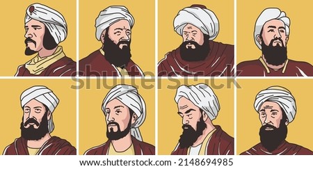 vector illustration of eight Islamic scholars - Al-Kindi, Al-Jazari, Jabir ibn Hayyan, al-Battani, Al-Razi, Al-Tabari, Abbas bin Firnas, Al-Zahrawi