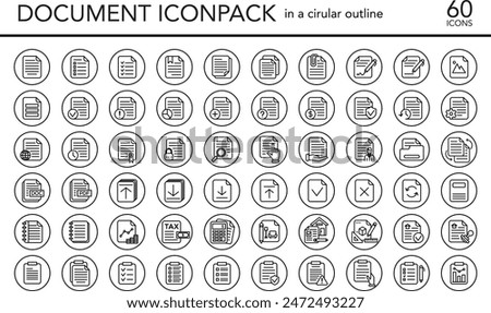 Document icon set in circular outline. Checklist, report, web documentation, document, contract, real estate document. Vector linear document icon set. Documents icon pack. Circular outline icon pack.