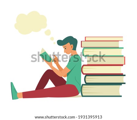 Man Sit Near the Pile of Big Books for Read a Book and Think a Good Idea.