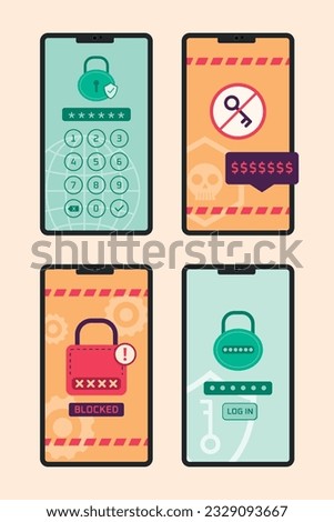 Smartphones with Login Screen Warning for Cyber Security Concept Illustration