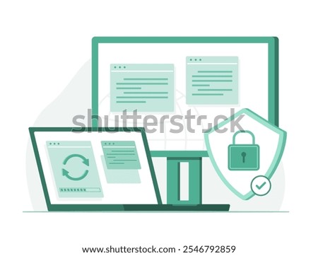 Laptop Computer and Desktop PC Computer Updating Security Data for Cyber Security Concept Illustration