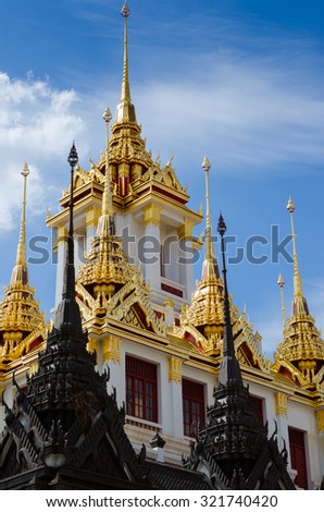 Scenery of Loha Prasat (or Metal Castle) On Background of Blue Sky, A Place Is A World Heritage Site at Wat Ratchanaddaram at Bangkok, Thailand.