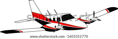Twin engine small private jet. White plane with longitudinal red black and gold stripes.