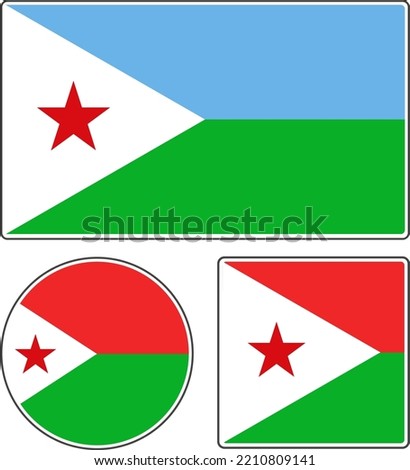 Flags of the countries of the world. National flag of Djibouti. Star flag. Rectangular, round and square shapes. Red white red green vector illustration.