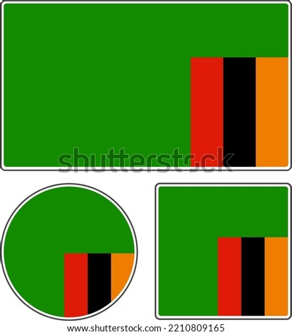 Flags of the countries of the world. State flag of Zambia. Rectangular, round and square shapes. Red black orange green vector illustration.