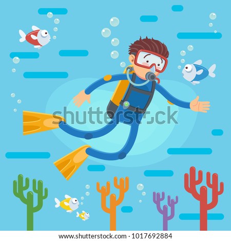 Happy scuba diver swimming over the coral reef with fishes, A vector illustration of a scuba diver diving in the ocean