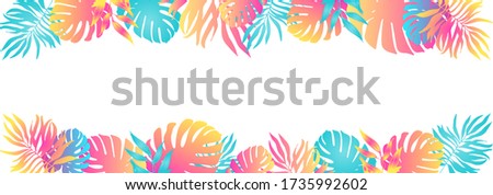 Trendy summer tropical palm leaves, plants. Cartoon style. Hawaiian summer.Space for text.Square frame.Bright jungle floral banner. Monstera, palm.Vector illustration isolated on white background