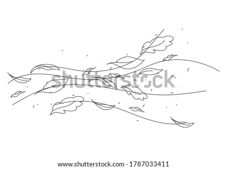 Doodle autumn weather. Line art the wind carrying fallen leaves.Fashionable modern minimalistic outline illustration.Vector illustration isolated on white.For print,postcards,posters,book picture
