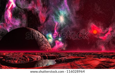 moon rise over a red rocky planet\'s alien landscape