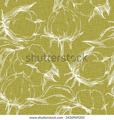 Seamless pattern cotton blossom flowers, endless texture, ink sketch art. Vector illustration for wedding invitations, wallpaper, textile, wrapping paper