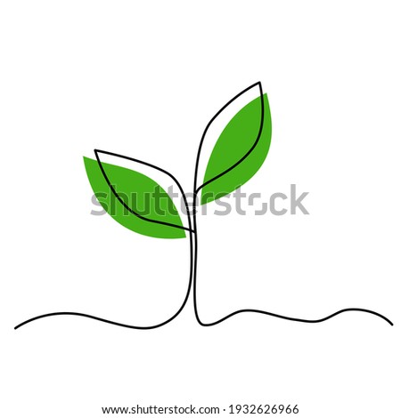 Single continuous line art growing plant leaves. Environmental protection concept, eco natural farm concept, Earth day, organic food, vegan products. Sketch outline drawing vector illustration