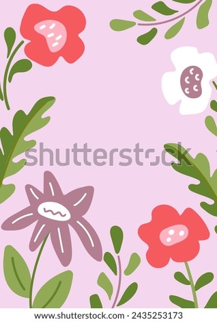 Spring floral card with simple doodle flowers around edges of background and copy space for text in center. Greeting card, banner, poster, labels, tags, promotional banners