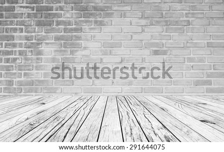 old vintage wooden desk table with white brick backgrounds textured , put and show your products on this backgrounds