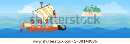 The ancient Greeks on a galley (an old ship) in the sea. Vector illustration in flat style with isolated layers for animation, motion design, presentation, web page or app.