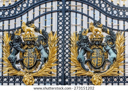 LONDON - APR 11: Gate of Buckingham palace on April 11, 2015 in London U.K. Buckingham palace is the official residence of Queen Elizabeth II and one of the major tourist destinations U.K.