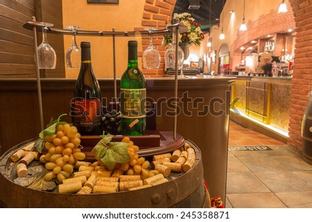 January 18 2015:Different wine on table in Restaurant of Silverlake Grape Farm. It\'s famous and only vineyard in the East of Thailand and become one of most popular attractions in Pattaya.