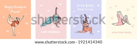 Feminism body positive vertical cards with love to own figure, female freedom, girl power. Happy plus size girls and active healthy lifestyle.  Abstract trendy one line vector illustration
