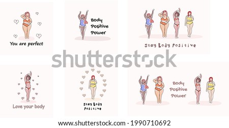 Big set of postcards, prints, illustrations of body positive girls. Plus size body positive girls are happy. Hand drawn one line trendy illustration