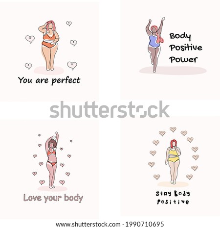 Big set of postcards, prints, illustrations of body positive girls. Plus size body positive girls are happy. Hand drawn one line trendy illustration