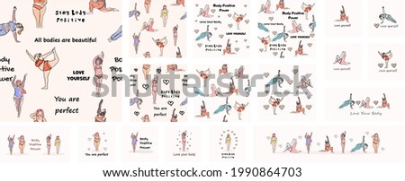 Mega set of body positive. Body positive concept. Illustrations for seamless pattern, postcard, poster, banner, print, textiles. Happy plus size girls doing yoga, fitness