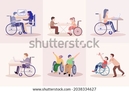 Big set of inclusive illustrations. Social inclusion and diversity concept. Children and adults in wheelchairs work, study, play, dance.