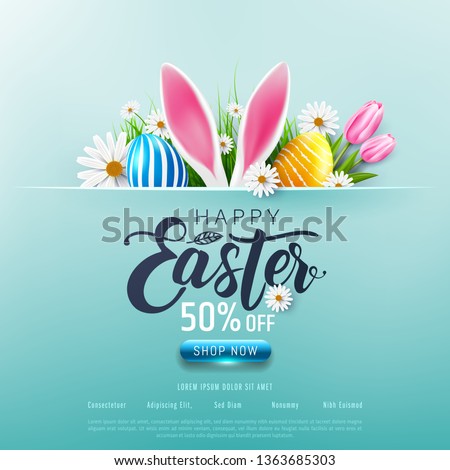 Happy Easter sale 50% off poster and template with Easter Eggs and flower on blue.Greetings and presents for Easter Day.Promotion and shopping template for Easter Day.Vector illustration EPS10