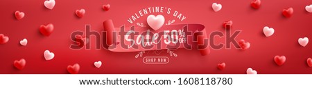 Valentine's Day Sale 50% off Poster or banner with sweet hearts and on red background.Promotion and shopping template or background for Love and Valentine's day concept.Vector illustration eps 10
