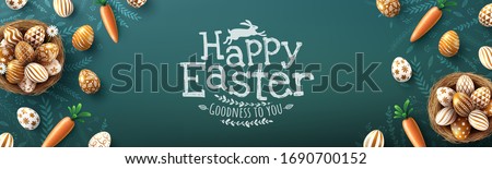 Easter poster and banner template with golden Easter eggs in the nest on blackboard.Greetings and presents for Easter Day in flat lay styling.Promotion and shopping template for Easter