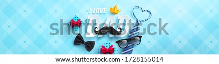 Happy Father's Day poster or banner template with necktie,glasses and gift box on blue.Greetings and presents for Father's Day in flat lay styling.Promotion and shopping template for love dad concept