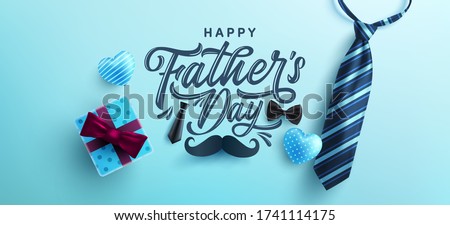 Father's Day poster or banner template with necktie and gift box on blue background.Greetings and presents for Father's Day in flat lay styling.Promotion and shopping template for love dad