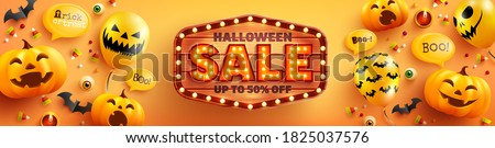 Halloween Sale poster and banner template with cute halloween pumpkin,ghost balloons and wood sign on orange background. Website spooky,Background or banner Halloween template.