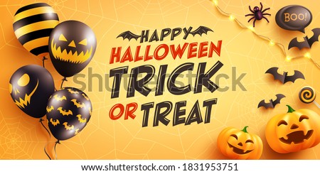 Halloween poster and banner template with cute halloween pumpkin,bat,spider and candy on yellow background. Website spooky,Background or banner Halloween template.Vector illustration.